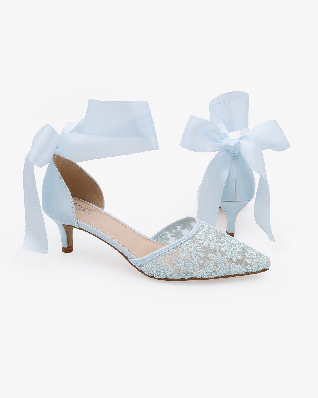 Claudia Crochet Lace Pointy Toe Wedding Kitten Low Heel with Wrapped Satin Ribbon Tie, Alternate, color, Light Blue