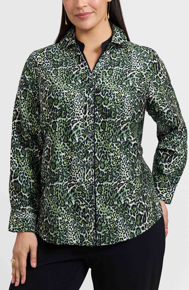 Foxcroft Marlee Leopard Print Cotton Button-Up Shirt, Main, color, 