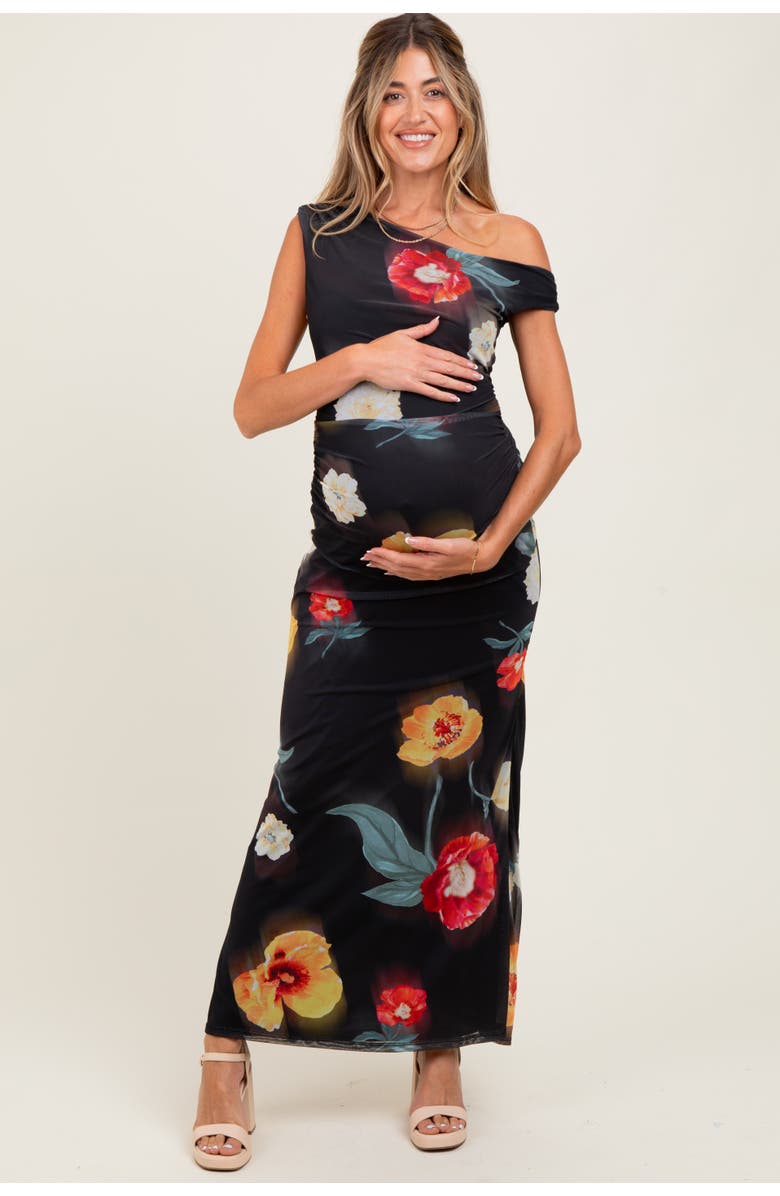 PinkBlush Mesh Floral One Shoulder Maxi Dress, Main, color, Black