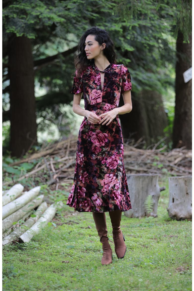 Floral Print Puff Sleeve Velvet Midi Dress, Alternate, color, RAISIN/ WINE/ OLIVE