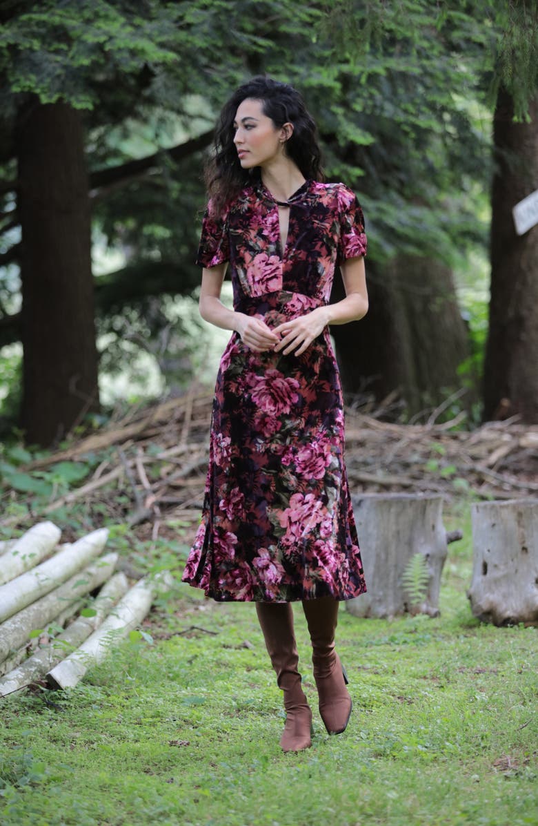 Maggy London Floral Print Puff Sleeve Velvet Midi Dress, Alternate, color,