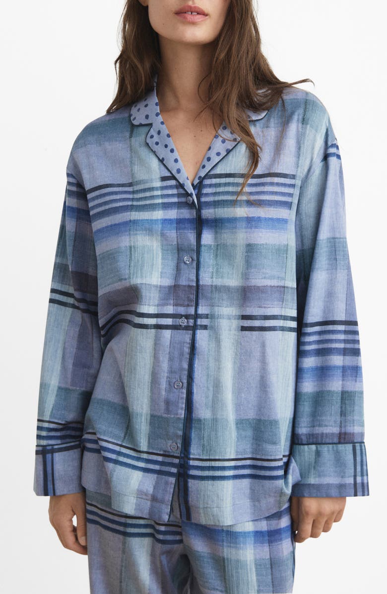 MANGO Mixed Print Cotton Pajama Top, Main, color, Ink Blue