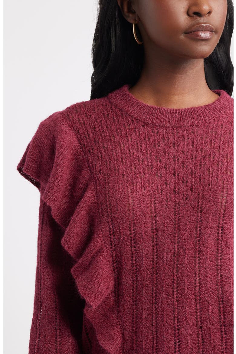 Ruffle Pointelle Sweater, Alternate, color, BURGUNDY RHODE