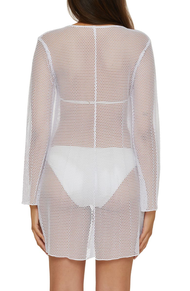 Becca Tie Front Long Sleeve Sheer Mesh Cover-Up, Alternate, color, White