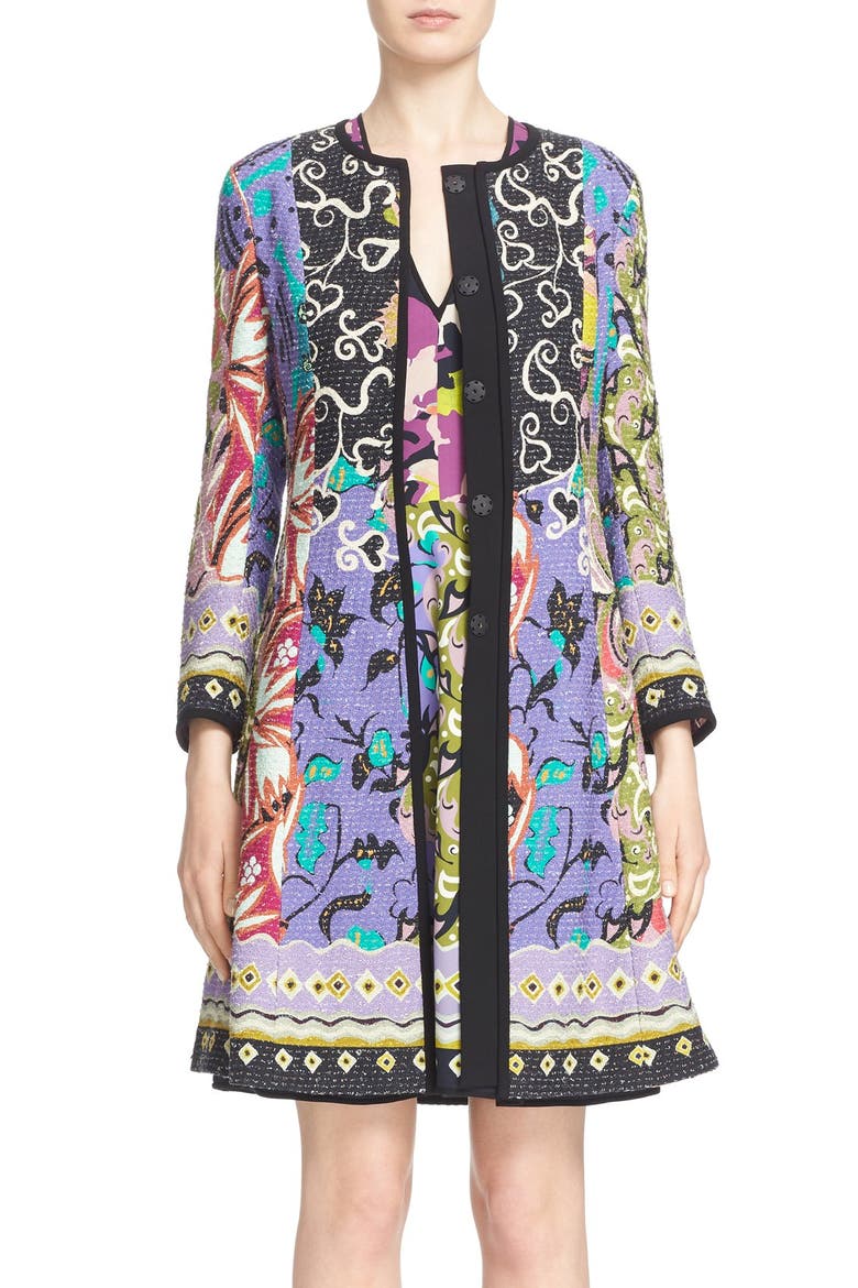 'Floral Patchwork' Textured Coat, Main, color, BLUE PURPLE