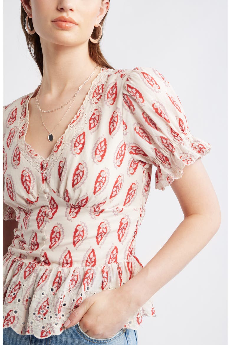 Cutwork Peplum Top, Alternate, color, PINK- RUST FOULARD FLEUR