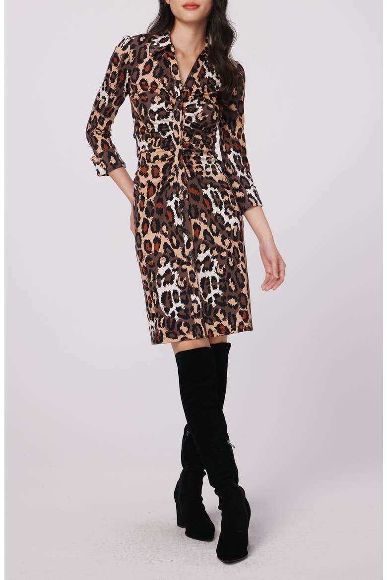 Sheska Animal Print Ruched Shirtdress, Main, color, JUNGLE CAT SM