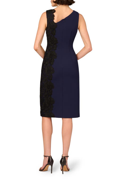 Aidan Mattox By Adrianna Papell Lace Trim Crepe Midi Cocktail Dress In Blue