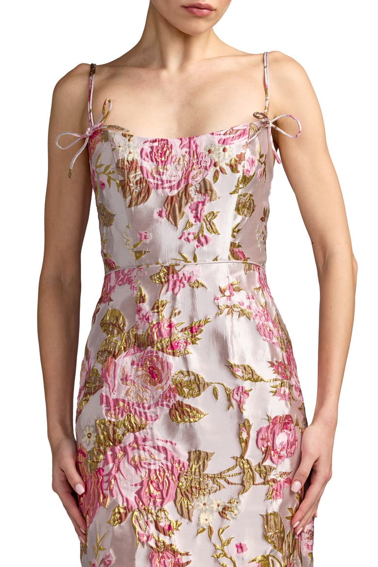 Petite Floral Brocade Midi Dress with Bow Tie Straps, Alternate, color, Pink Multi
