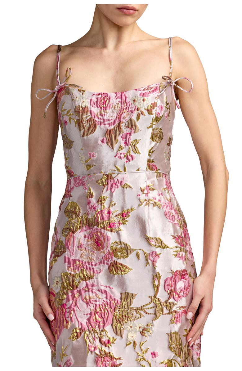 Mac Duggal Petite Floral Brocade Midi Dress with Bow Tie Straps, Alternate, color, Pink Multi