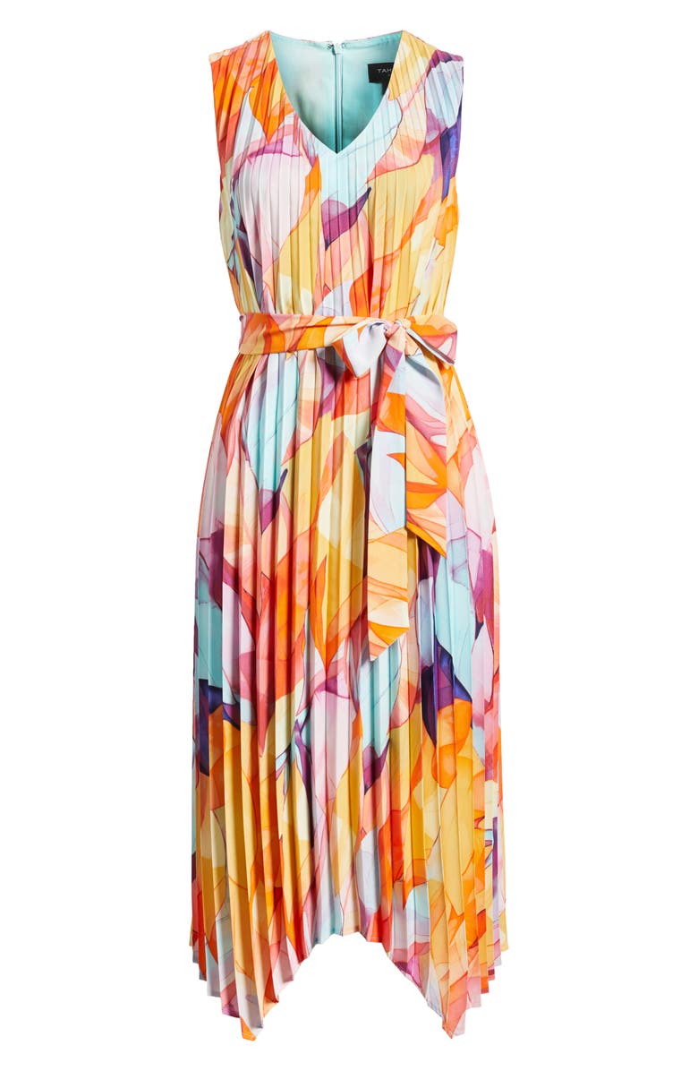 Tahari ASL Abstract Print Pleated Handkerchief Hem Midi Dress, Alternate, color, Orange Multi