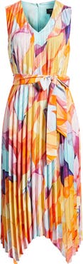 Tahari ASL Abstract Print Pleated Handkerchief Hem Midi Dress