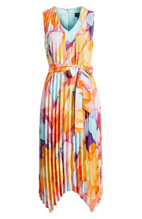 Tahari Asl Abstract Print Pleated Handkerchief Hem Midi Dress In Orange Multi