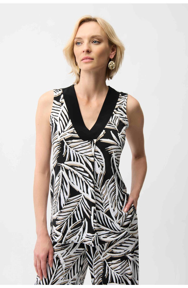 JOSEPH RIBKOFF Silky Knit Tropical Print Sleeveless Trapeze Top, Alternate, color, Black/Multi