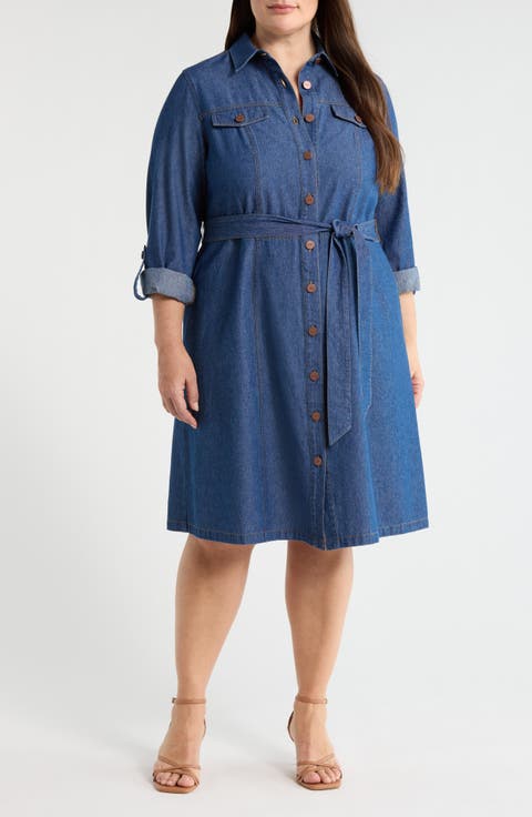 Denim Tie Waist Midi Shirtdress (Plus)
