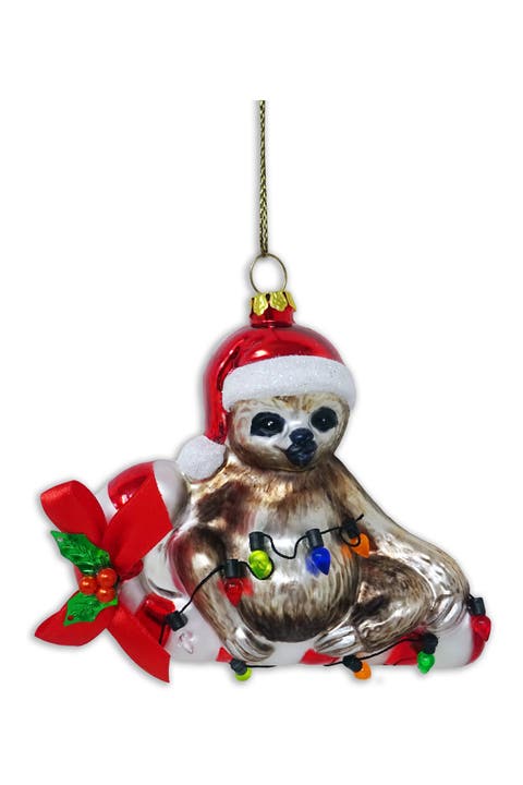 Sloth And Candy Cane Santa Hat Glass Ornament