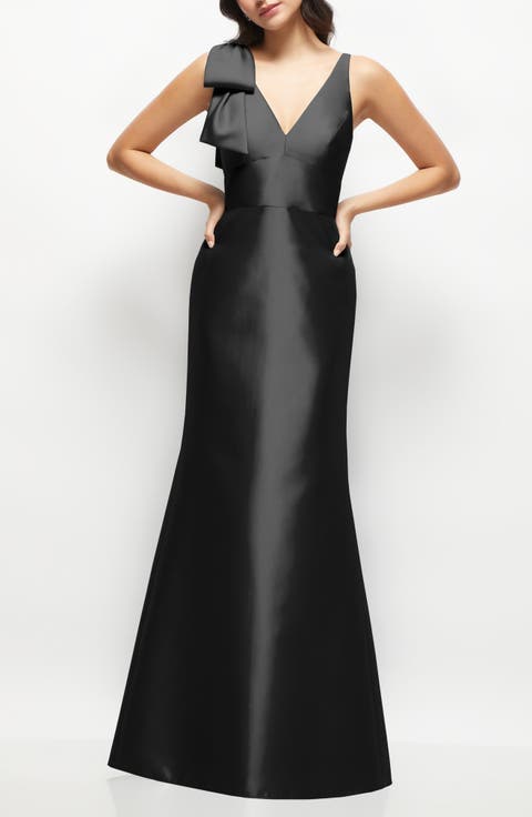 Bow Detail Sleeveless Satin Twill Trumpet Gown