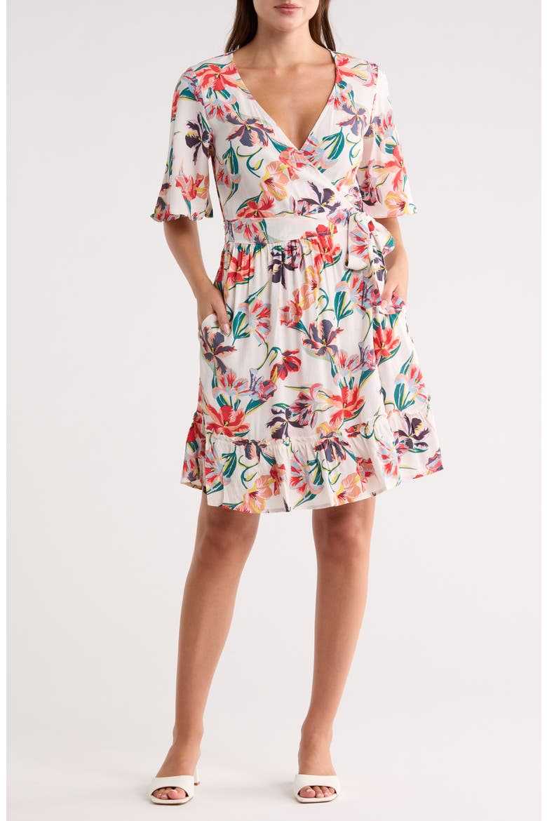 Short Sleeve Wrap Dress, Main, color, IVORY/ RED