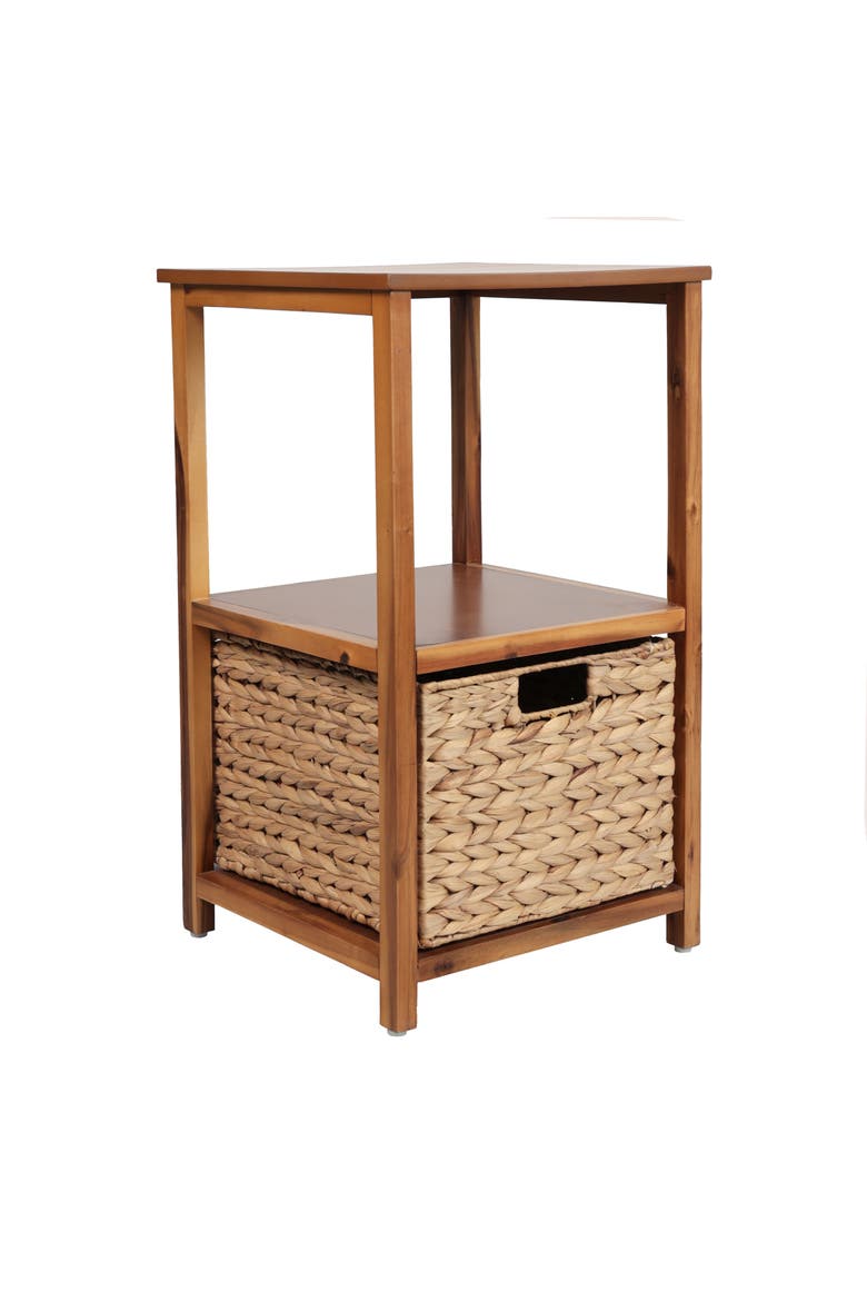 Cohen Coastal Bohemian Handcrafted Acacia Wood 2-Tier Storage Cabinet with 1 Water Hyacinth Woven Basket, Main, color, Natural