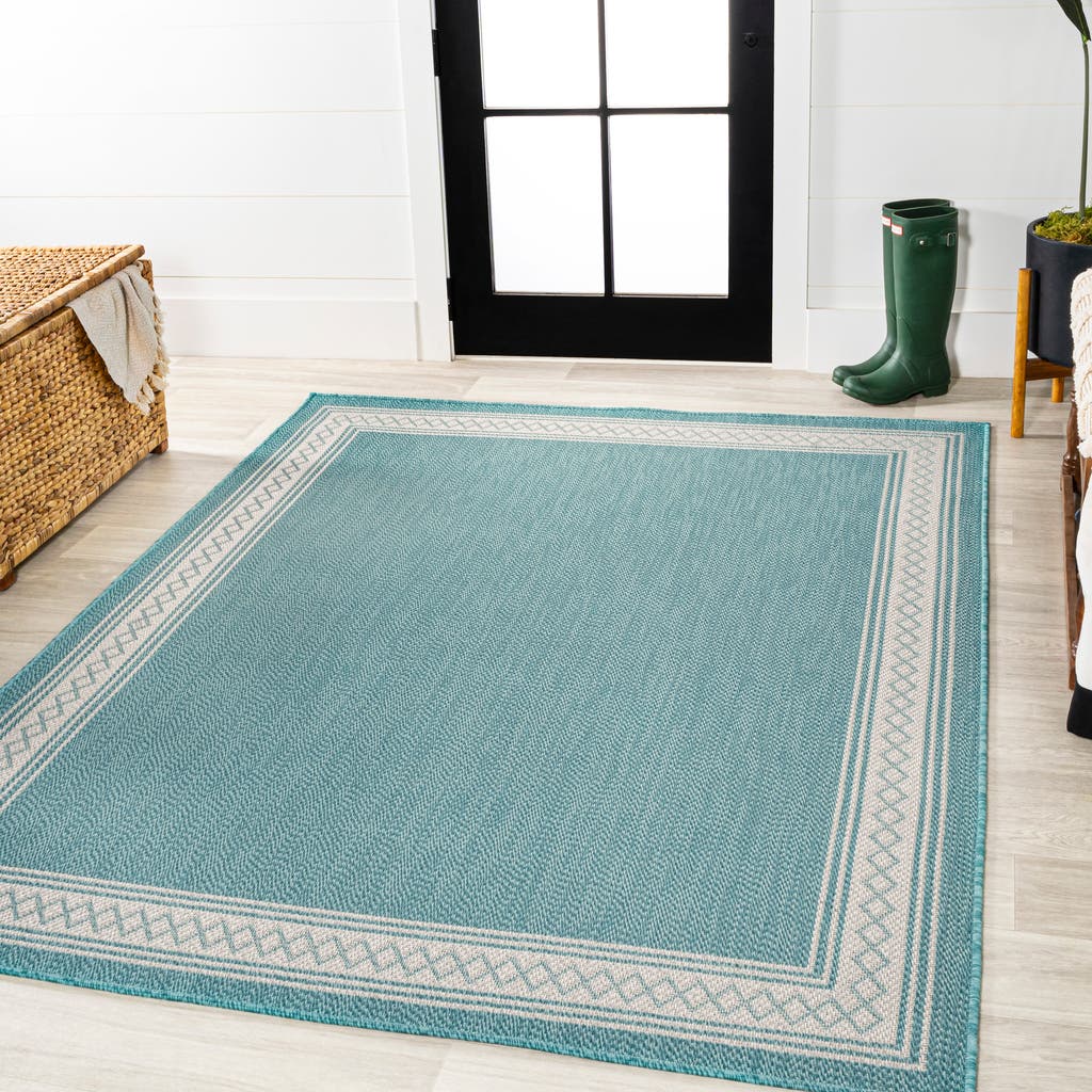 Jonathan Y Lucia Classic Diamond Border Indoor/outdoor Area Rug In Aqua/light Gray