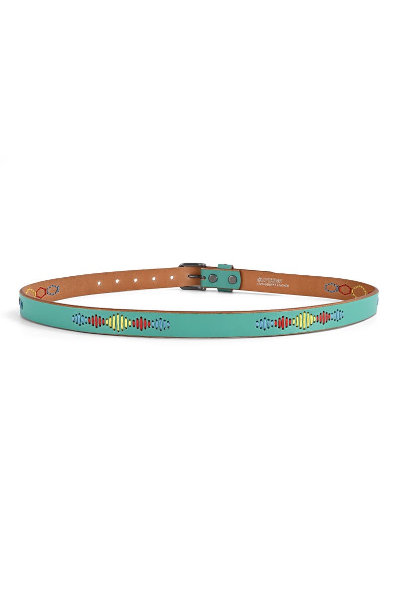Boho Genuine Leather Stitched Perforated Detail Belt, Alternate, color, Aqua