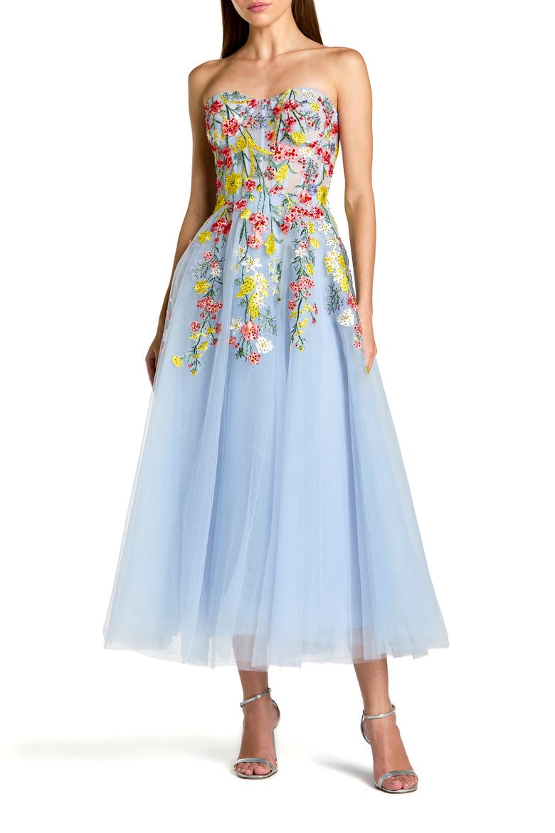 Strapless Floral Embroidered A-Line Midi Dress, Main, color, Periwinkle Multi