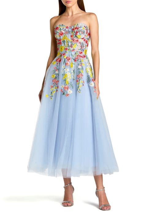 Strapless Floral Embroidered A-Line Midi Dress