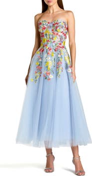 Mac Duggal Strapless Floral Embroidered A-Line Midi Dress