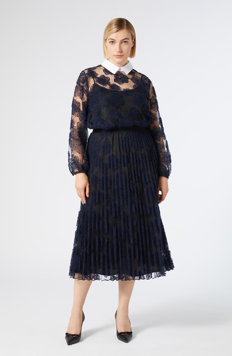 Marina Rinaldi Massa Pleated Embroidered Lace Skirt, Alternate, color, Midnight Blue