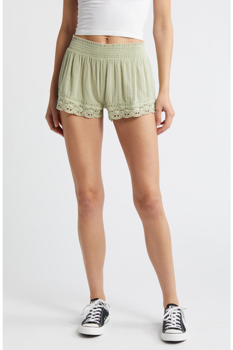 Smocked Waist Lace Hem Cotton Shorts, Main, color, LIGHT GREEN