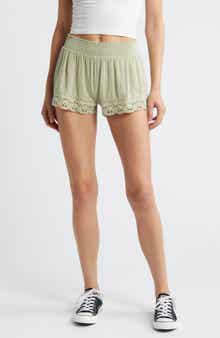 Smocked Waist Lace Hem Cotton Shorts