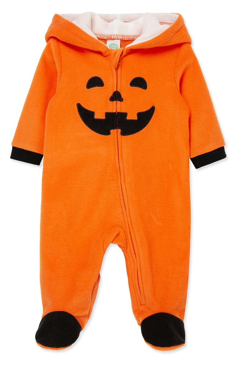 Little Me Pumpkin Hooded Fleece Footie, Main, color, Orange