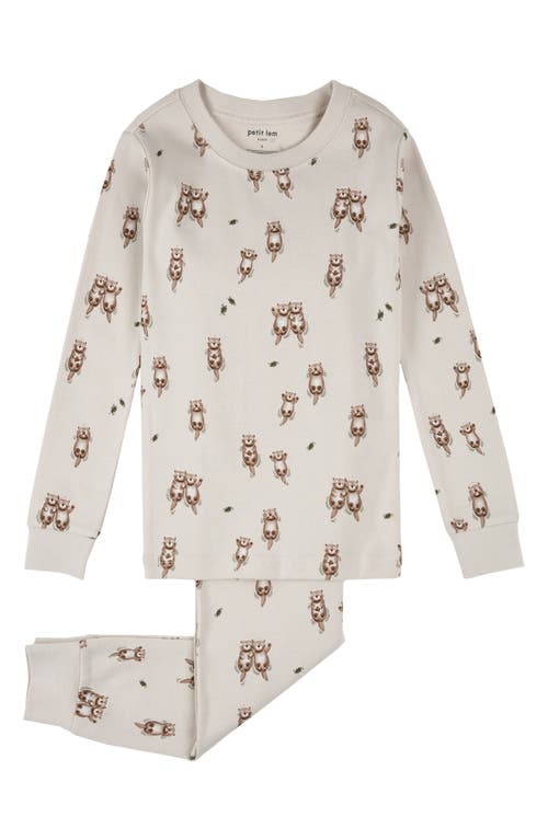Petit Lem Kids' Otter Print Fitted Two-Piece Organic Cotton Pajamas in Beige 