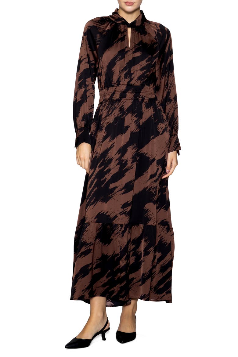 Brushstroke Print Long Sleeve Maxi Dress, Main, color, BROWN/ BLACK