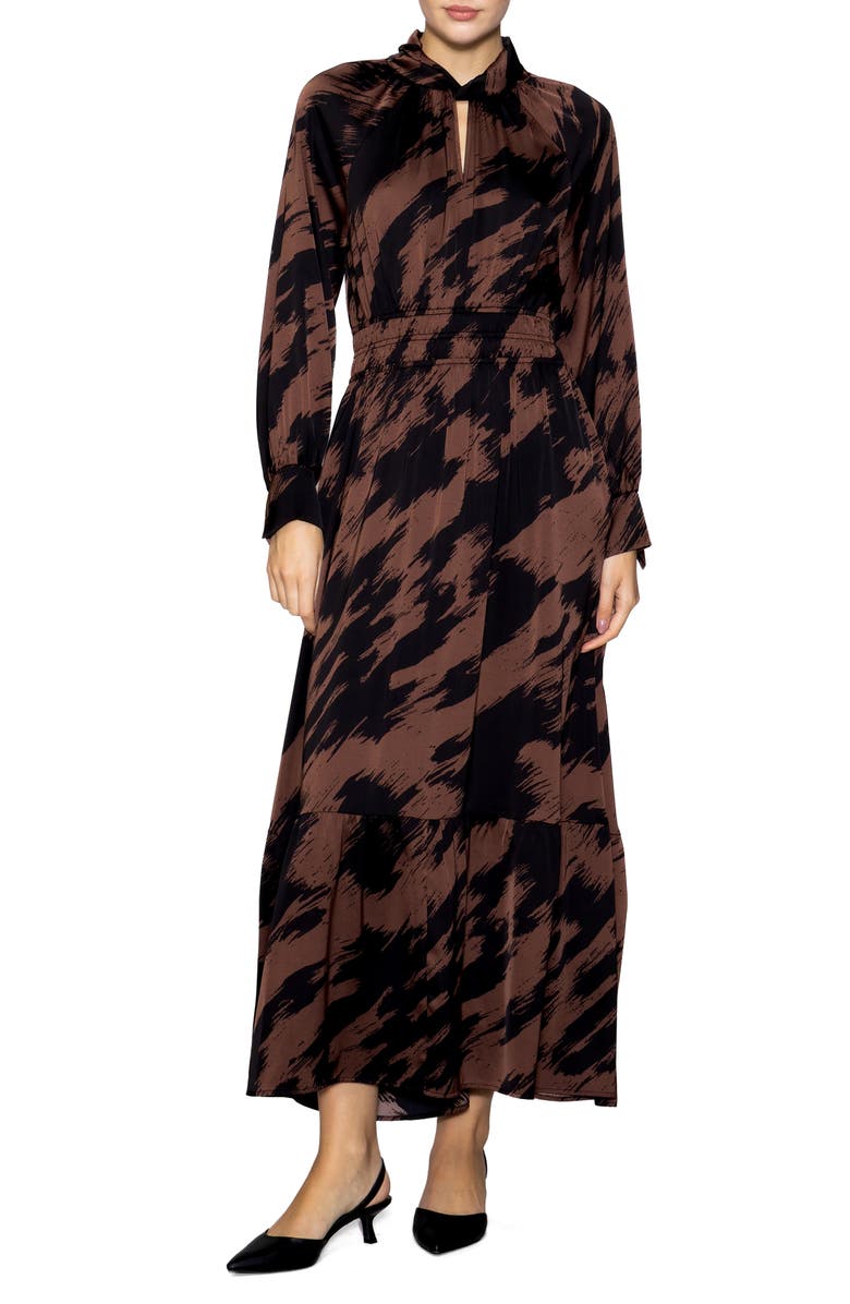 MELLODAY Brushstroke Print Long Sleeve Maxi Dress, Main, color, Brown/ Black