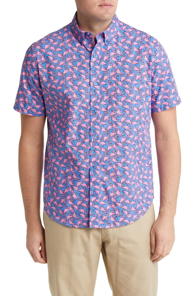Johnston & Murphy Flamingo Print Short Sleeve Button-Down Shirt, Main, color,