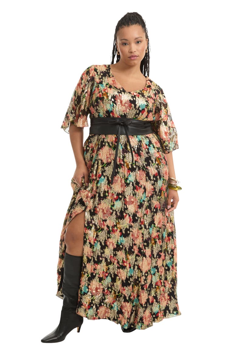 Metallic Printed Maxi Dress, Main, color, BLACK TEXTURED WALLFLOWER