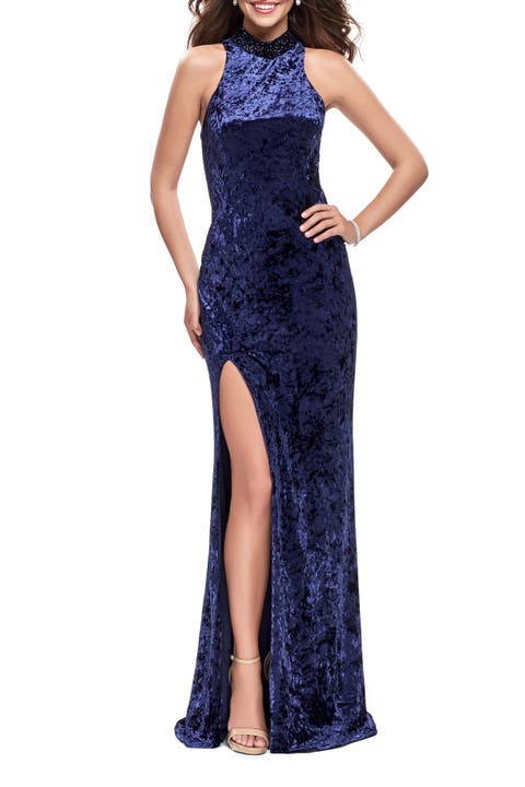 Long Crushed Velvet Prom Dress with Beaded Choker