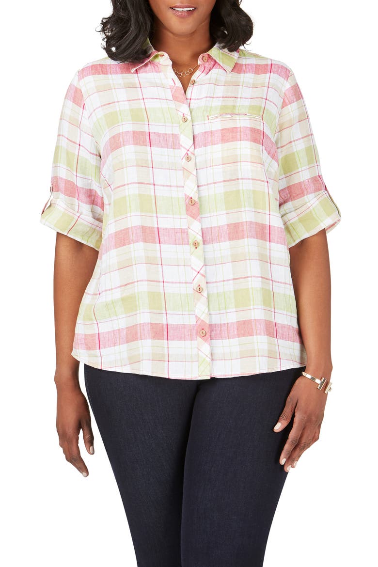 Reese Plaid Linen Shirt, Main, color, FLAMINGO