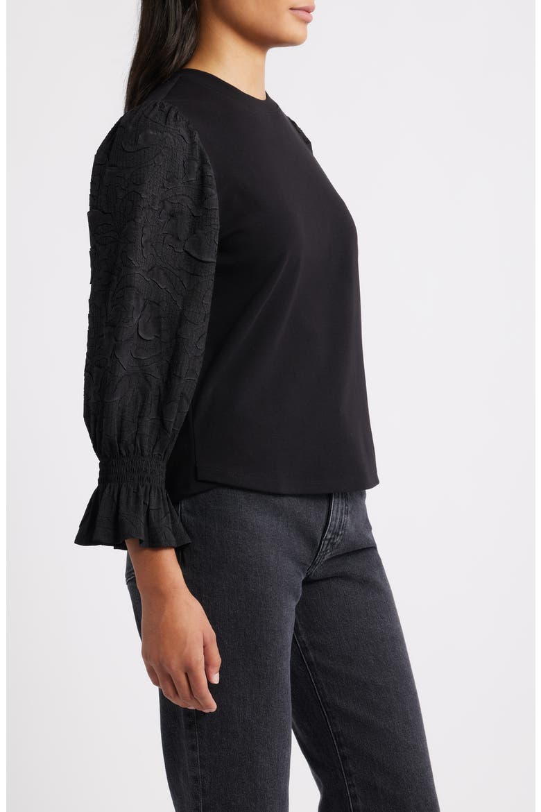 Mixed Media Smocked Sleeve Top, Alternate, color, BLACK