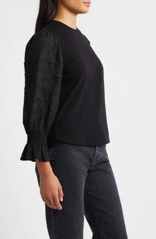 Wit & Wisdom Mixed Media Smocked Sleeve Top In Black