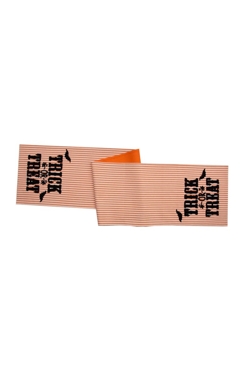 "Trick or Treat" Halloween Bats Reversible Striped Decorative Table Runner 14" x 72", Main, color, Orange