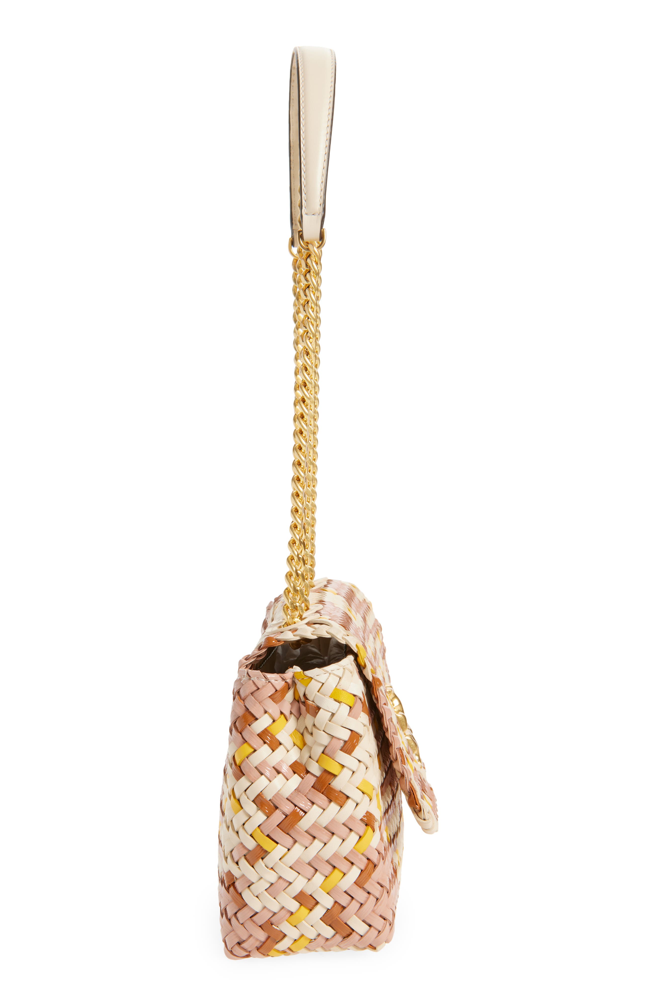 Tory Burch Small Kira Woven Leather Crossbody Bag, Alternate, color, Pink Moon/ Cream/ Goldfinch