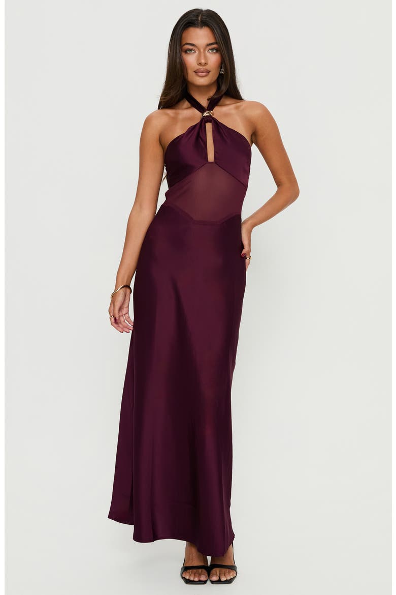 Rosario Sheer Panel Satin Halter Gown, Alternate, color, PLUM