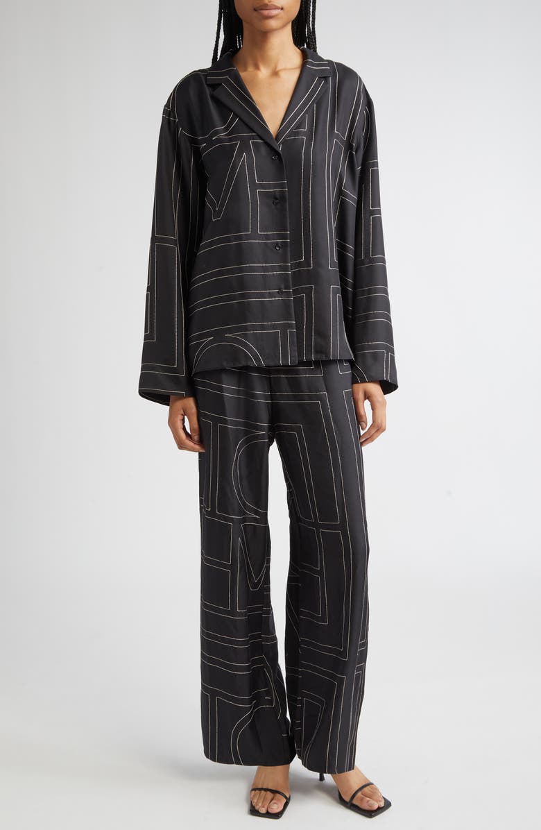 TOTEME Monogram Silk Pajama Top, Alternate, color, Black Monogram