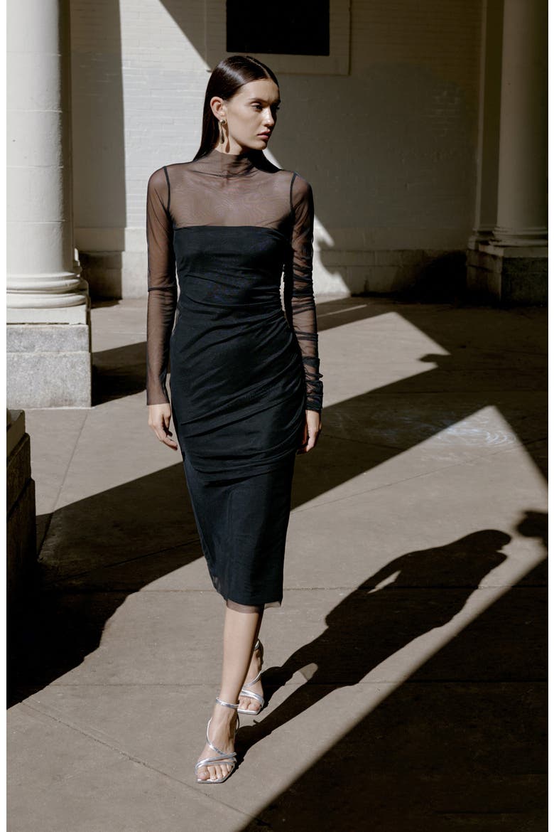 Tehya Ruched Layered Midi Dress, Alternate, color, BLACK
