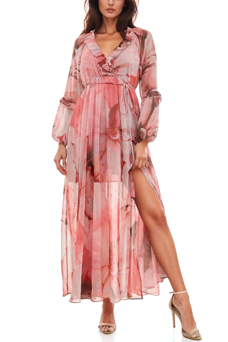 Swiss Dot Ruffle Maxi Dress, Main, color, GREY/ PINK