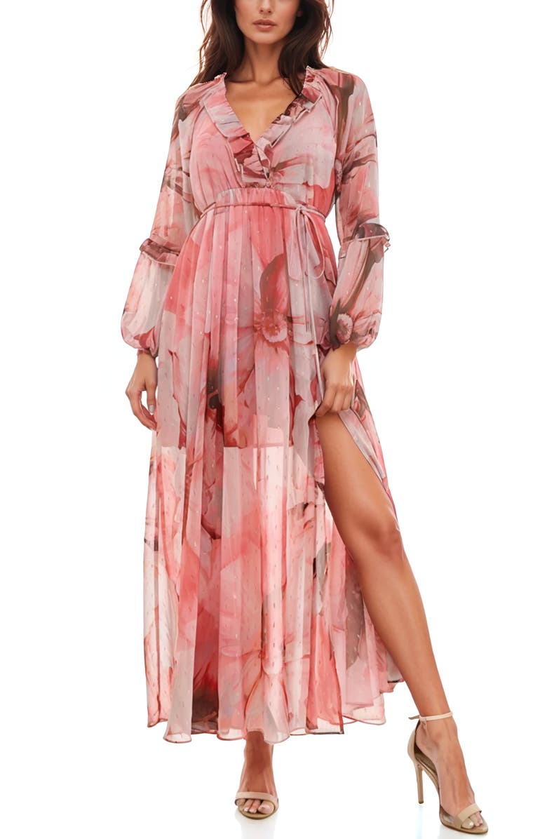 Socialite Swiss Dot Ruffle Maxi Dress, Main, color, Grey/ Pink