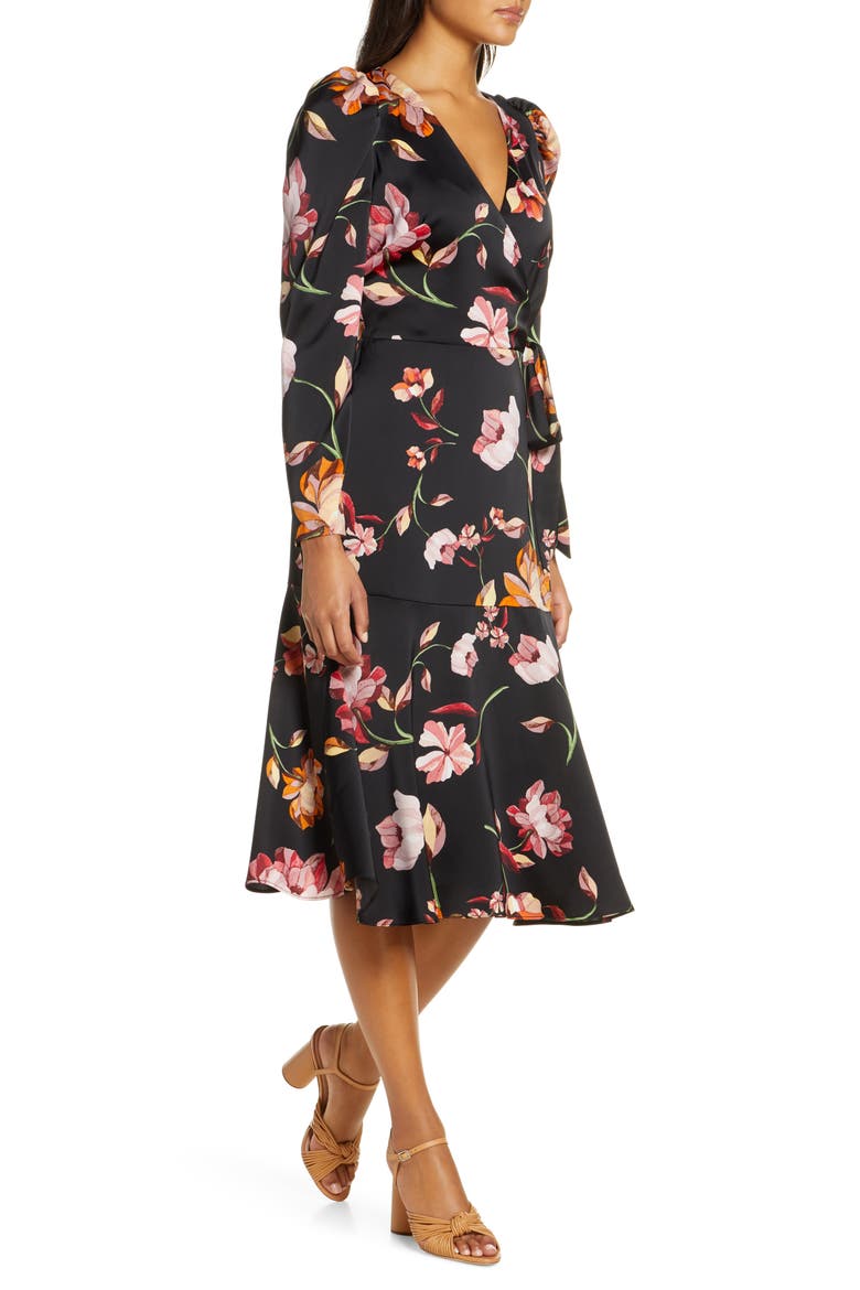 Long Sleeve Faux Wrap Dress, Alternate, color, BLK/CARLET