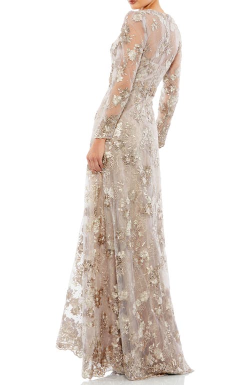 Mac Duggal Floral Embroidered Illusion Long Sleeve Evening Gown In Mocha